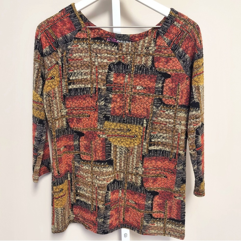 Peck & Peck Womens Abstract Geometric 3/4 Sleeve Top M Bohemian Indie Grunge
